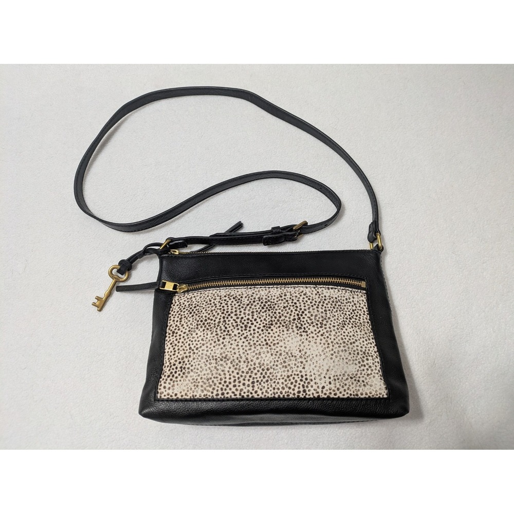 FOSSIL Purse Hair on Hide Animal Print Black Leather Crossbody Key Cowgirl Rodeo